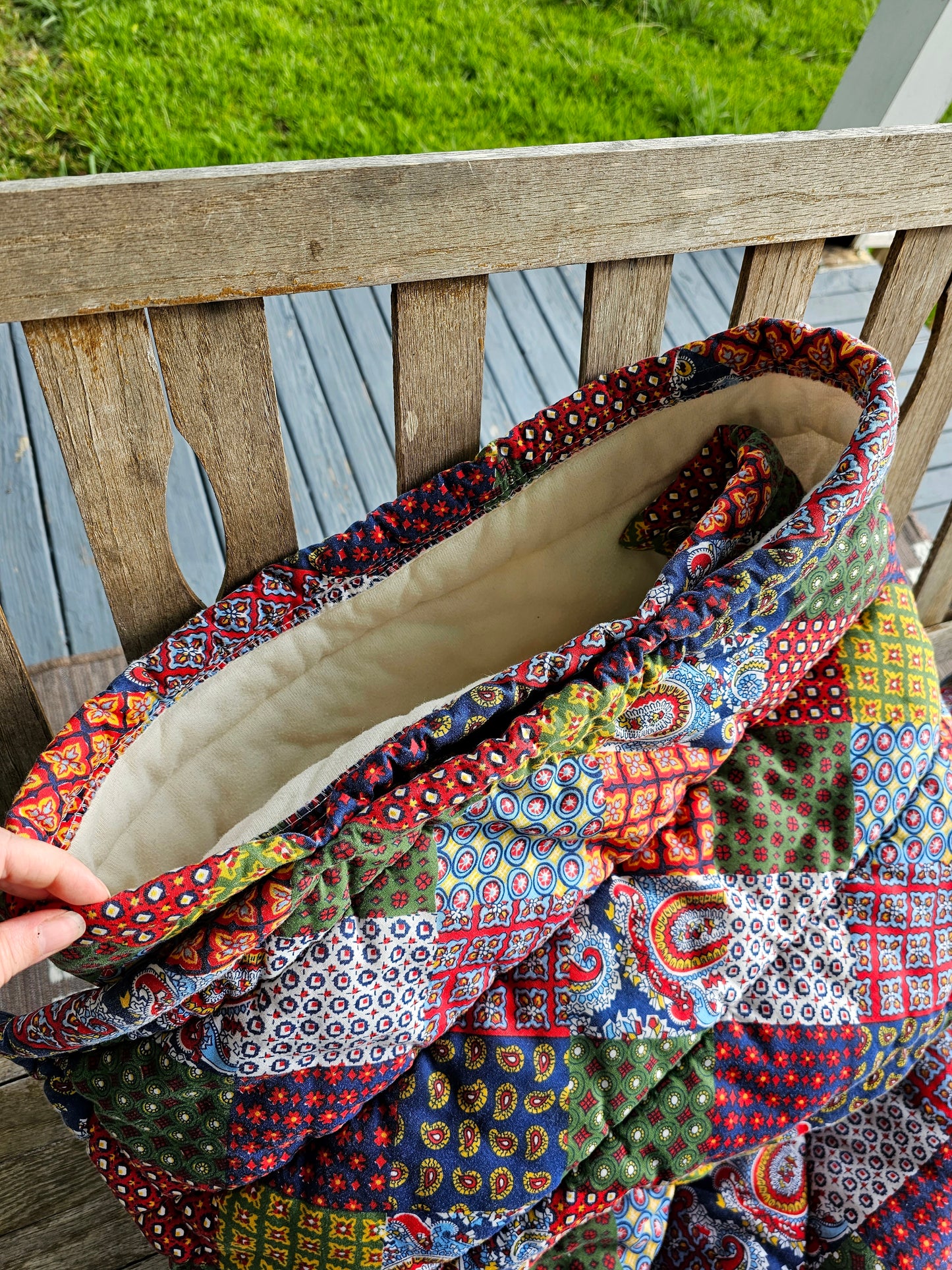 Vintage sleeping bag Snug Sack one size adult 70s patchwork quilted thick floral paisley wearable blanket zipper snaps camping red navy primary colors retro