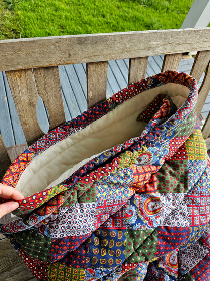 Vintage sleeping bag Snug Sack one size adult 70s patchwork quilted thick floral paisley wearable blanket zipper snaps camping red navy primary colors retro