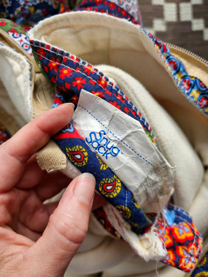 Vintage sleeping bag Snug Sack one size adult 70s patchwork quilted thick floral paisley wearable blanket zipper snaps camping red navy primary colors retro