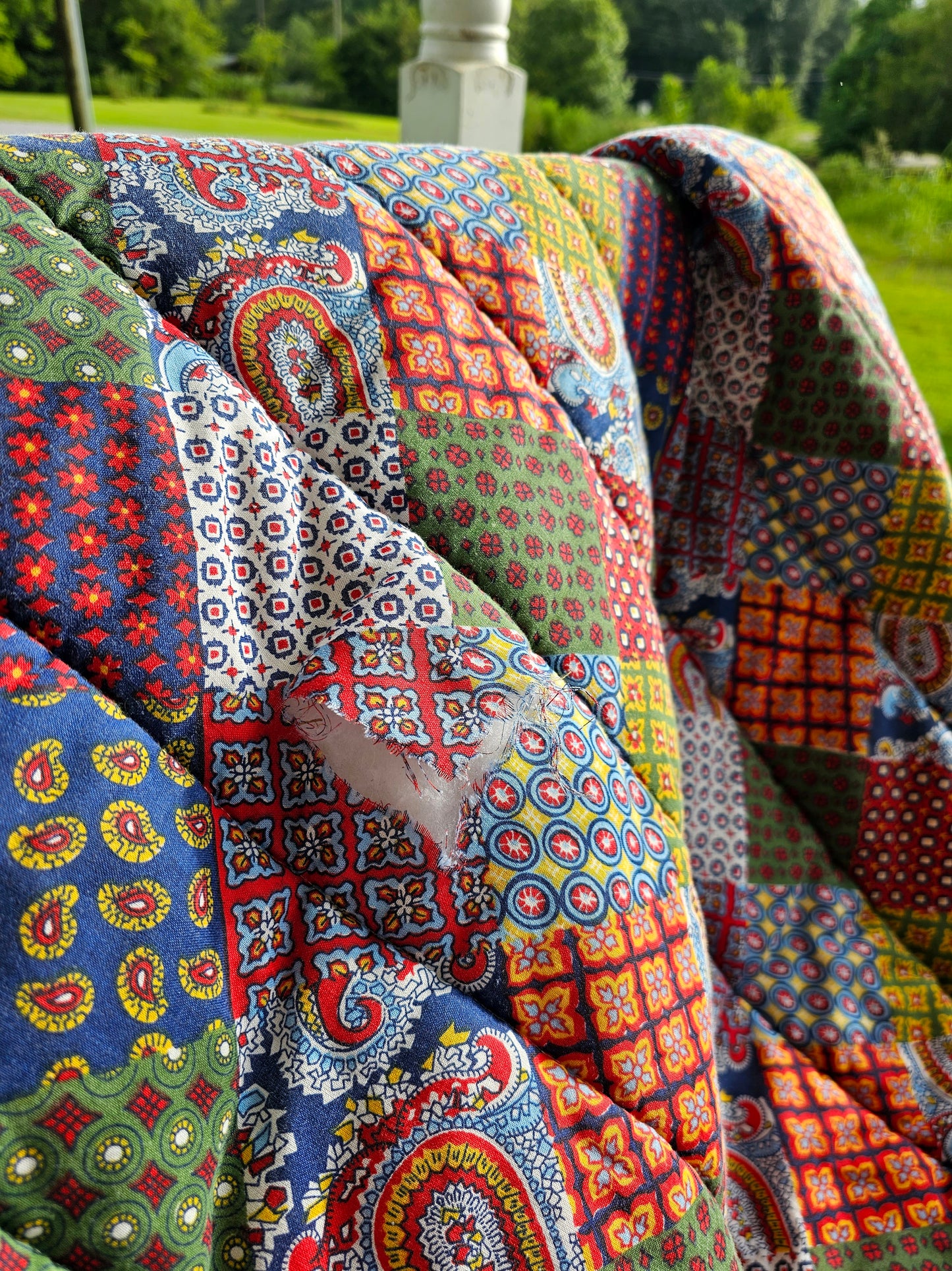 Vintage sleeping bag Snug Sack one size adult 70s patchwork quilted thick floral paisley wearable blanket zipper snaps camping red navy primary colors retro