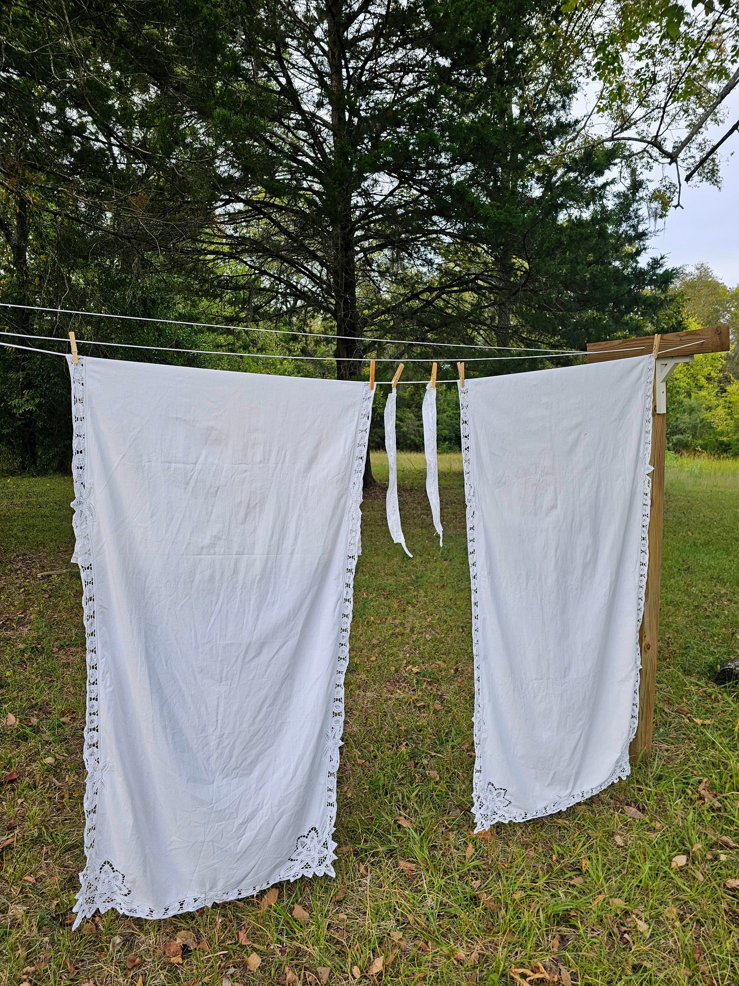 Vintage curtains white lace Battenberg Battenburg set of 2 tie backs long panels rod pocket cotton granny shabby Victorian country farmhouse