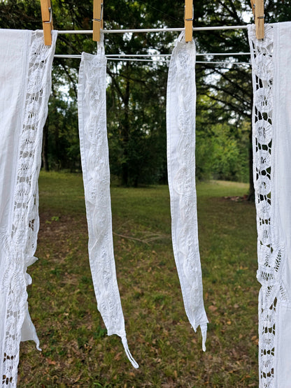 Vintage curtains white lace Battenberg Battenburg set of 2 tie backs long panels rod pocket cotton granny shabby Victorian country farmhouse