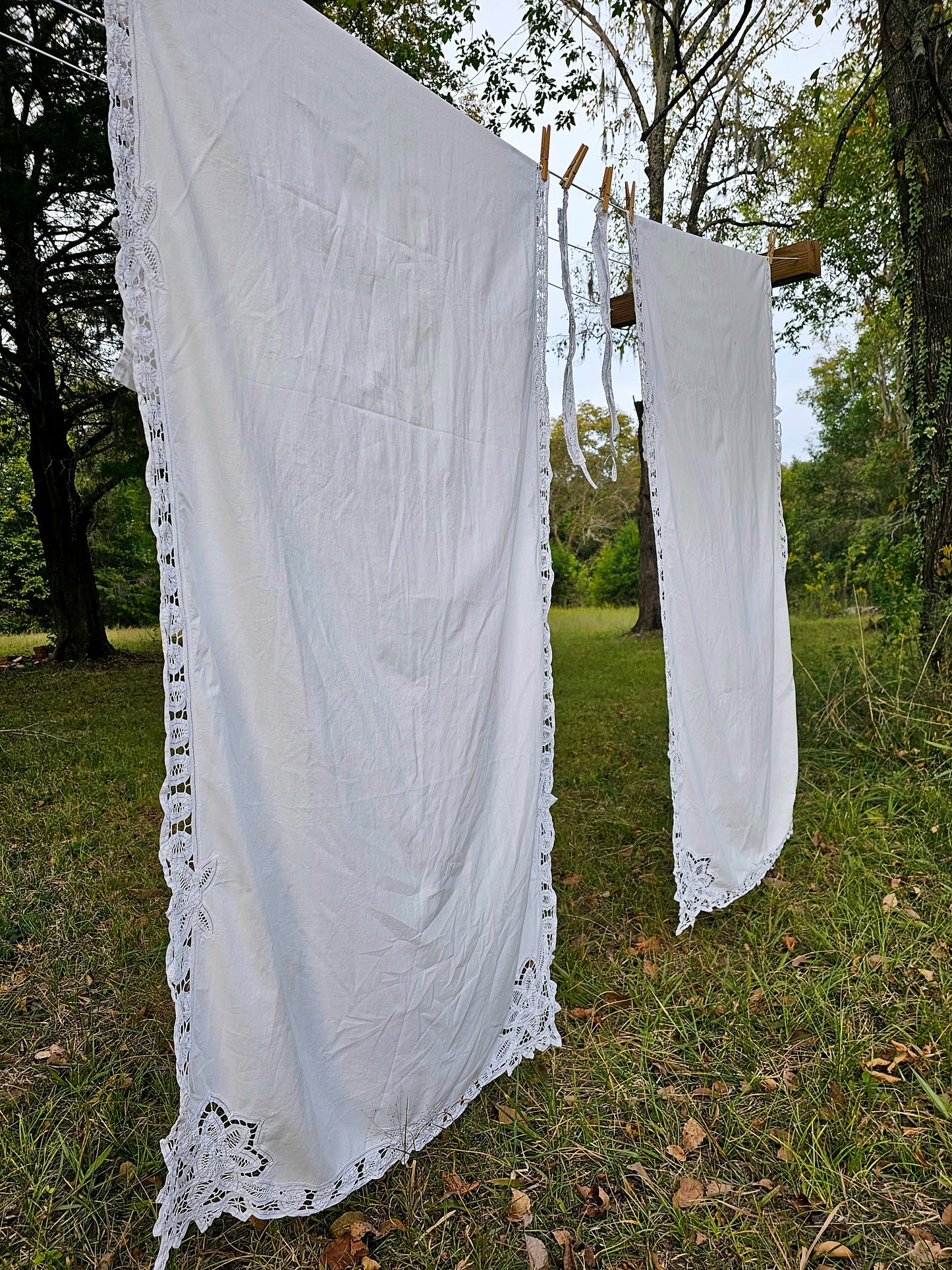 Vintage curtains white lace Battenberg Battenburg set of 2 tie backs long panels rod pocket cotton granny shabby Victorian country farmhouse