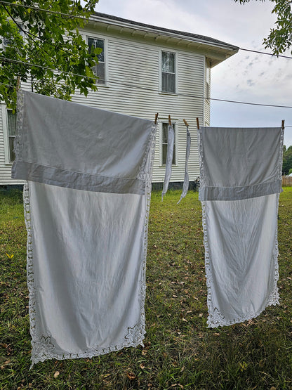 Vintage curtains white lace Battenberg Battenburg set of 2 tie backs long panels rod pocket cotton granny shabby Victorian country farmhouse