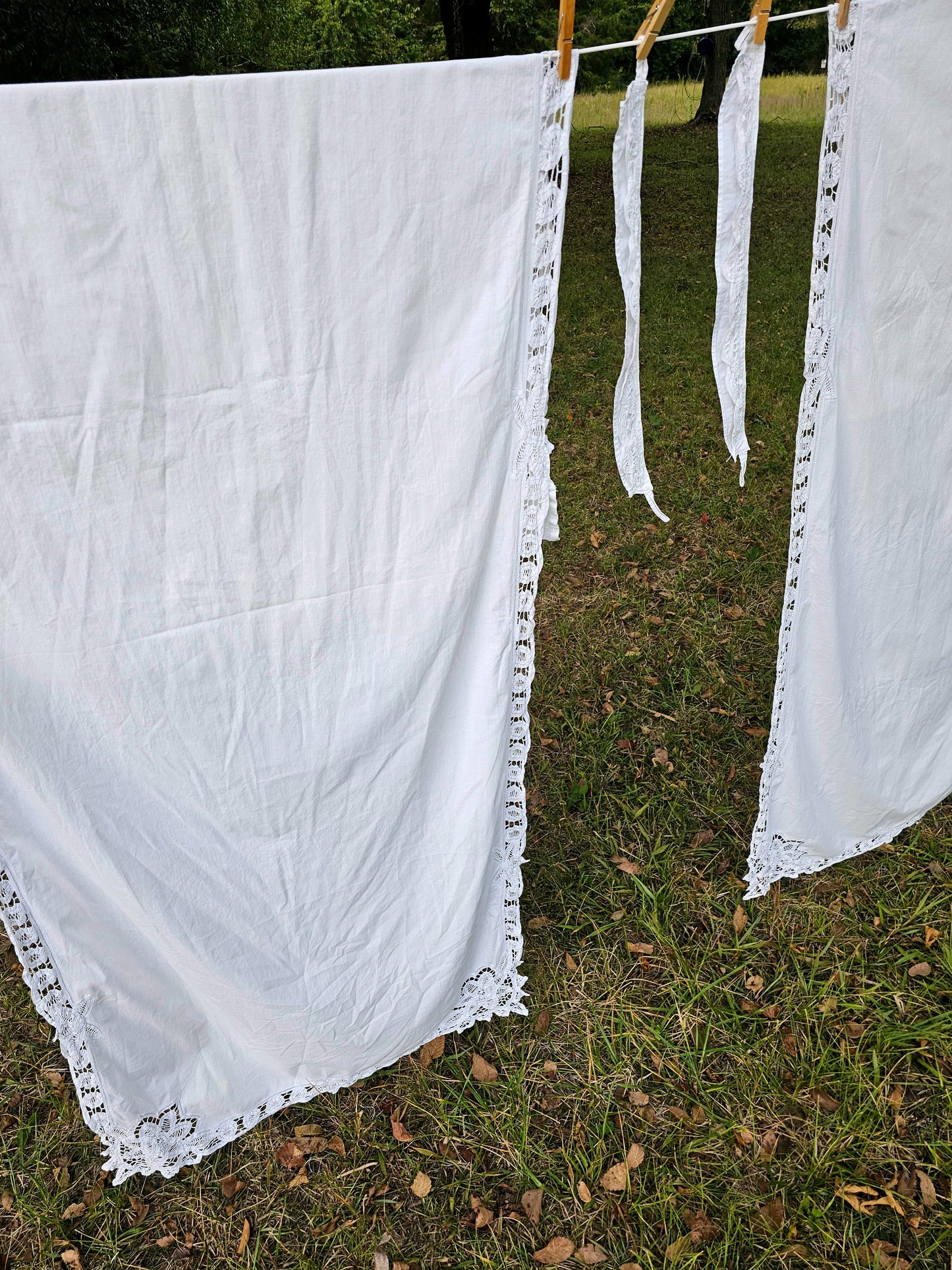 Vintage curtains white lace Battenberg Battenburg set of 2 tie backs long panels rod pocket cotton granny shabby Victorian country farmhouse