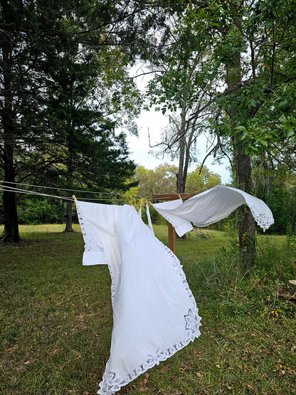 Vintage curtains white lace Battenberg Battenburg set of 2 tie backs long panels rod pocket cotton granny shabby Victorian country farmhouse