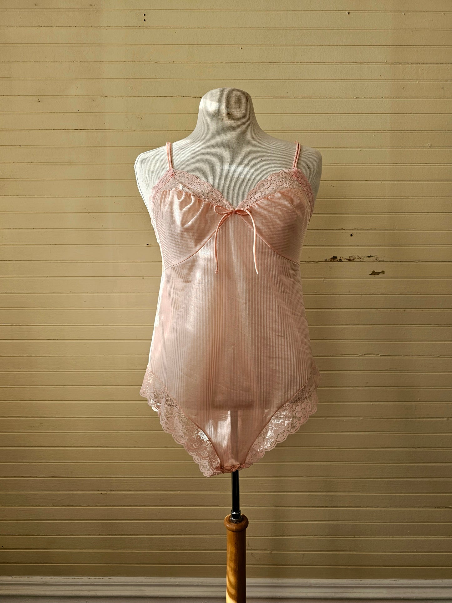 Vintage lingerie teddy nightie size small pink sheer sexy 70s 80s nylon lace stripes