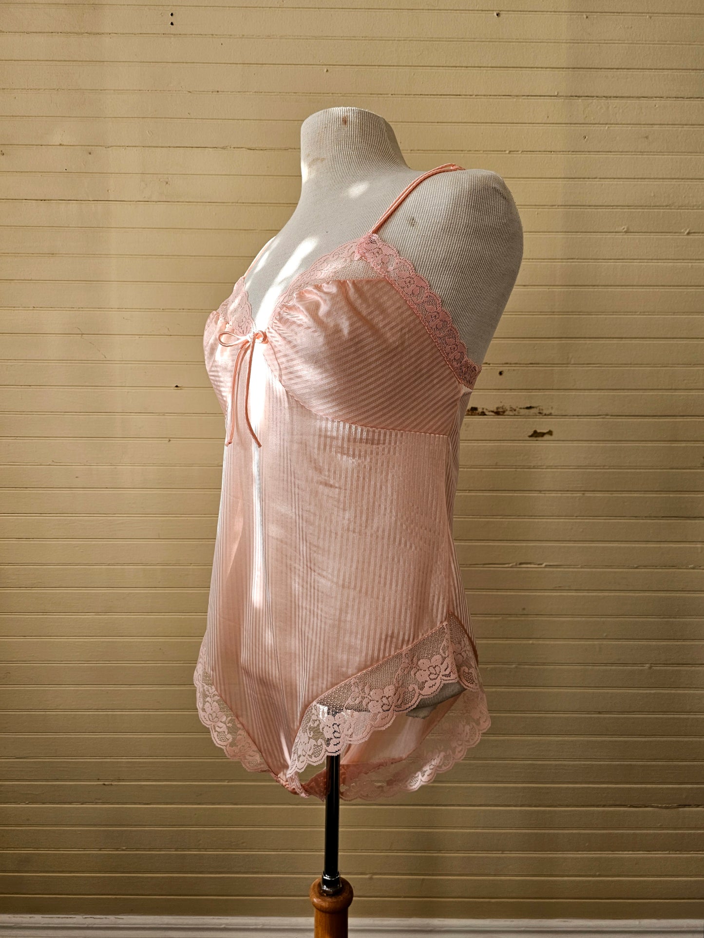 Vintage lingerie teddy nightie size small pink sheer sexy 70s 80s nylon lace stripes