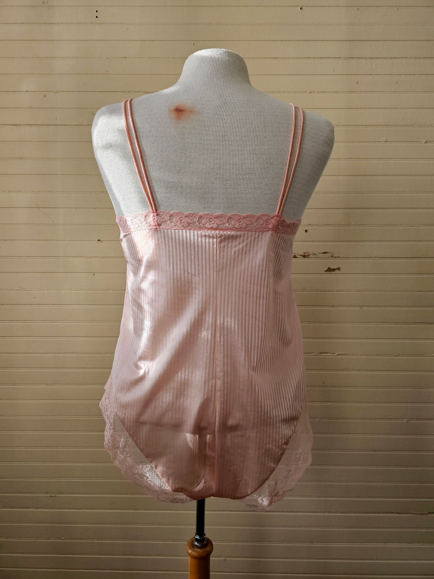 Vintage lingerie teddy nightie size small pink sheer sexy 70s 80s nylon lace stripes