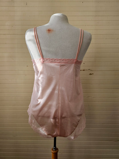 Vintage lingerie teddy nightie size small pink sheer sexy 70s 80s nylon lace stripes