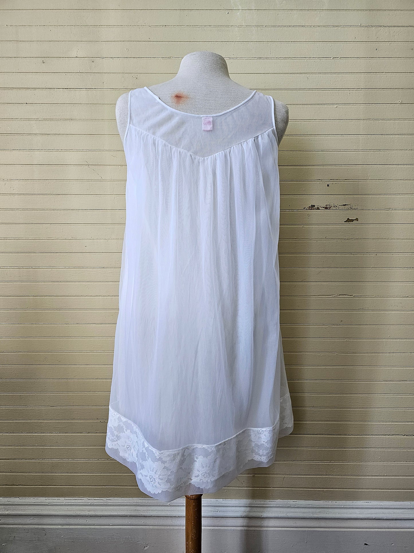 Vintage nightgown, Sears medium 36 white sheer lace peignoir nightie babydoll lingerie  60s sleeveless above the knee scoop neck