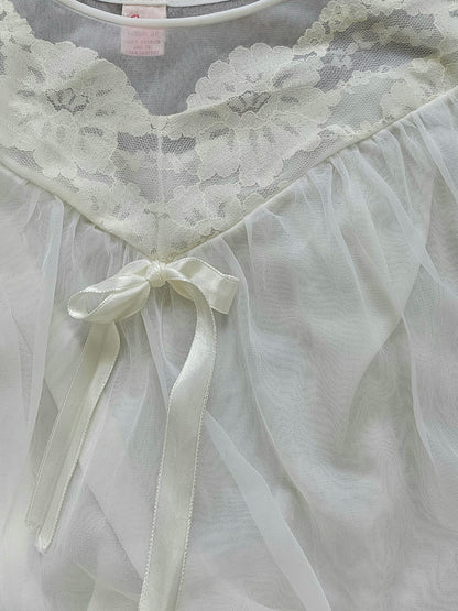 Vintage nightgown, Sears medium 36 white sheer lace peignoir nightie babydoll lingerie  60s sleeveless above the knee scoop neck