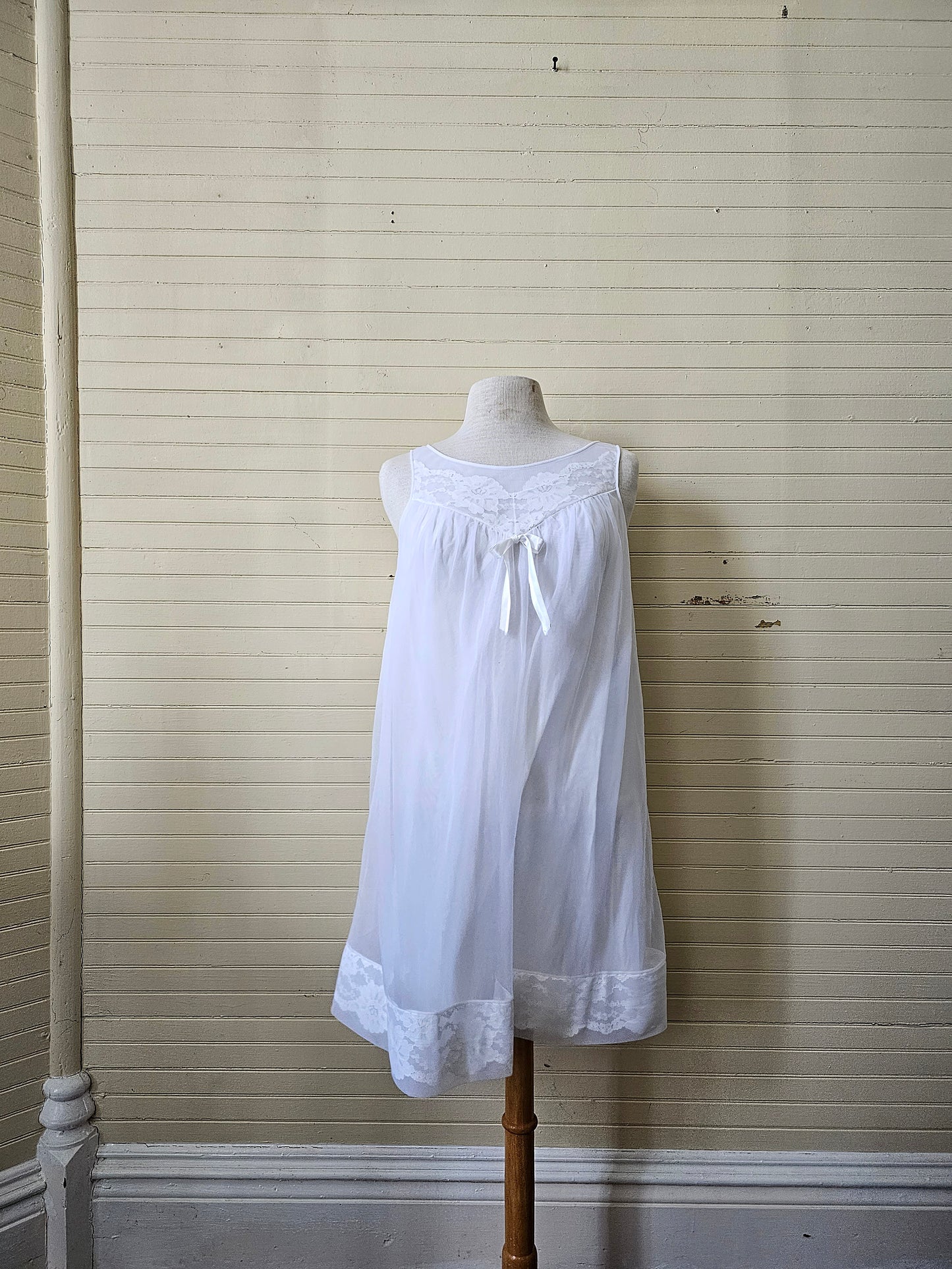 Vintage nightgown, Sears medium 36 white sheer lace peignoir nightie babydoll lingerie  60s sleeveless above the knee scoop neck