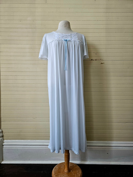 Vintage nightgown, Adonna medium blue short sleeves below knee scoop neck lace trim embroidered floral sheer soft nightie pajama dress nylon