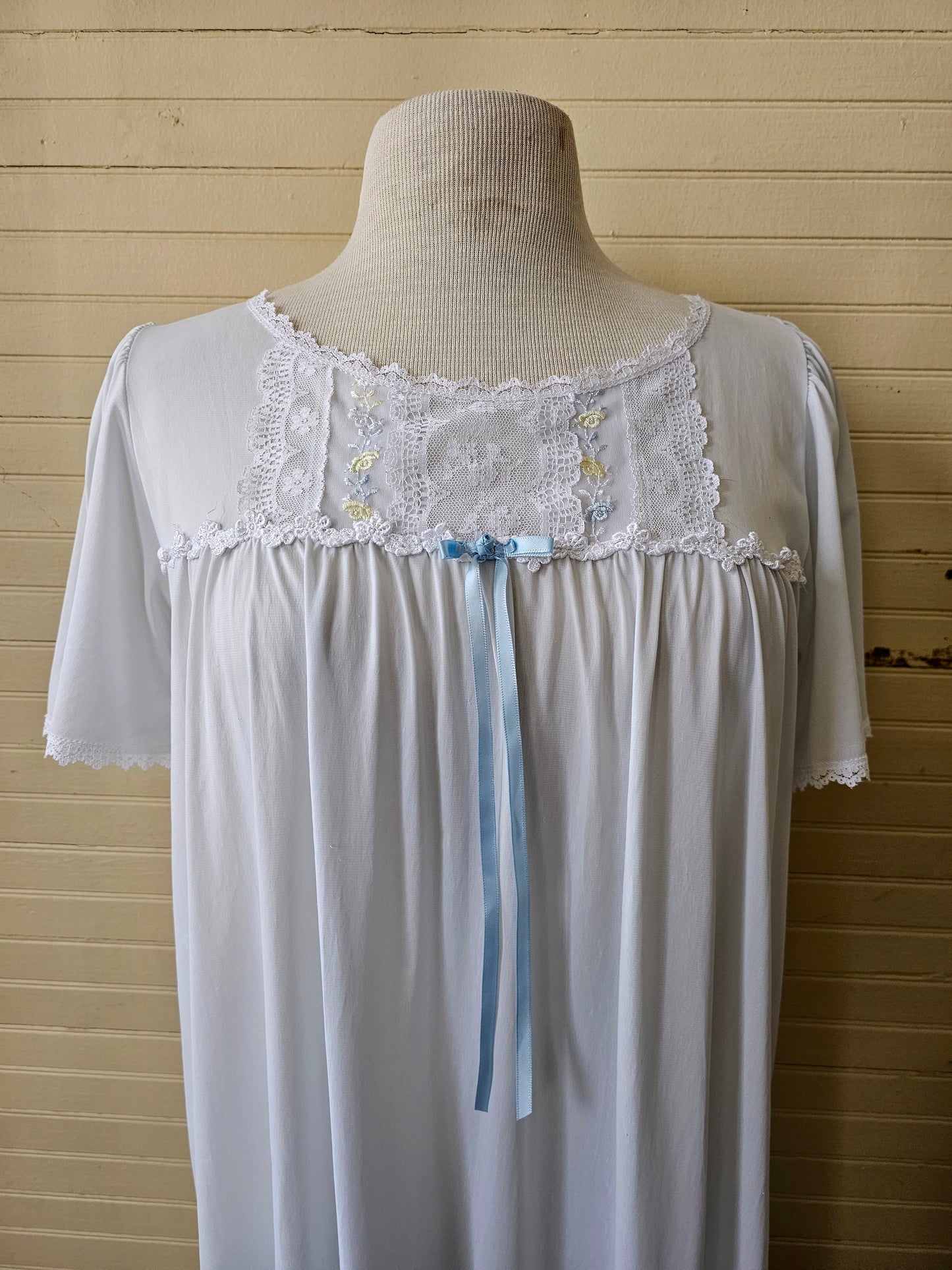 Vintage nightgown, Adonna medium blue short sleeves below knee scoop neck lace trim embroidered floral sheer soft nightie pajama dress nylon