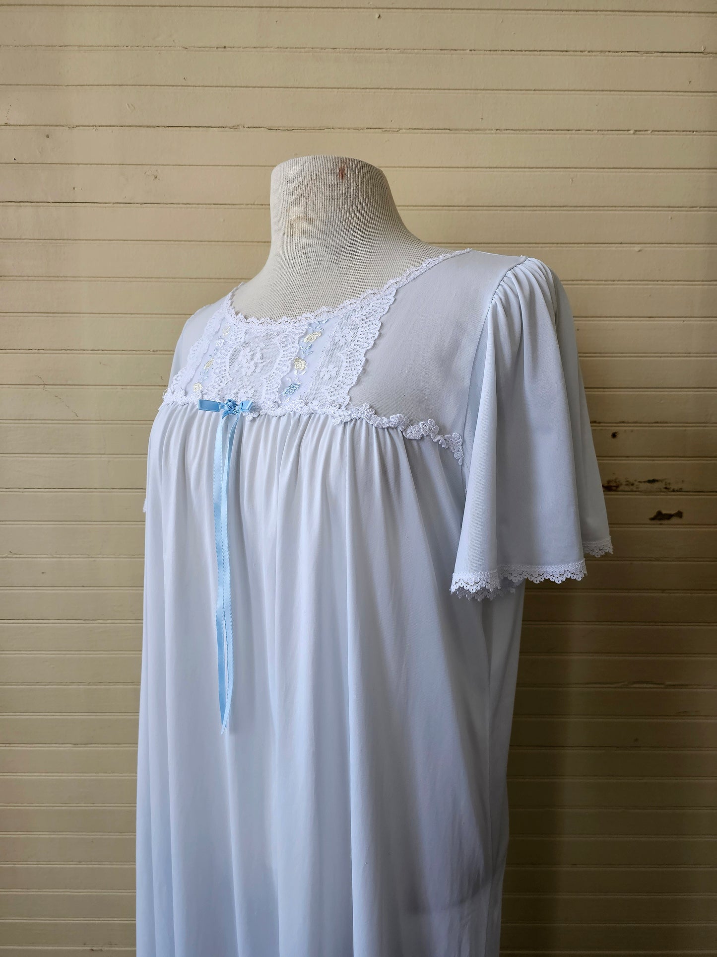 Vintage nightgown, Adonna medium blue short sleeves below knee scoop neck lace trim embroidered floral sheer soft nightie pajama dress nylon