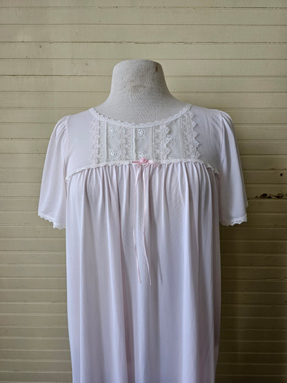 Vintage nightgown, Adonna pink short sleeves below knee medium scoop neck nylon white lace trim bow rosette sheer soft flowy