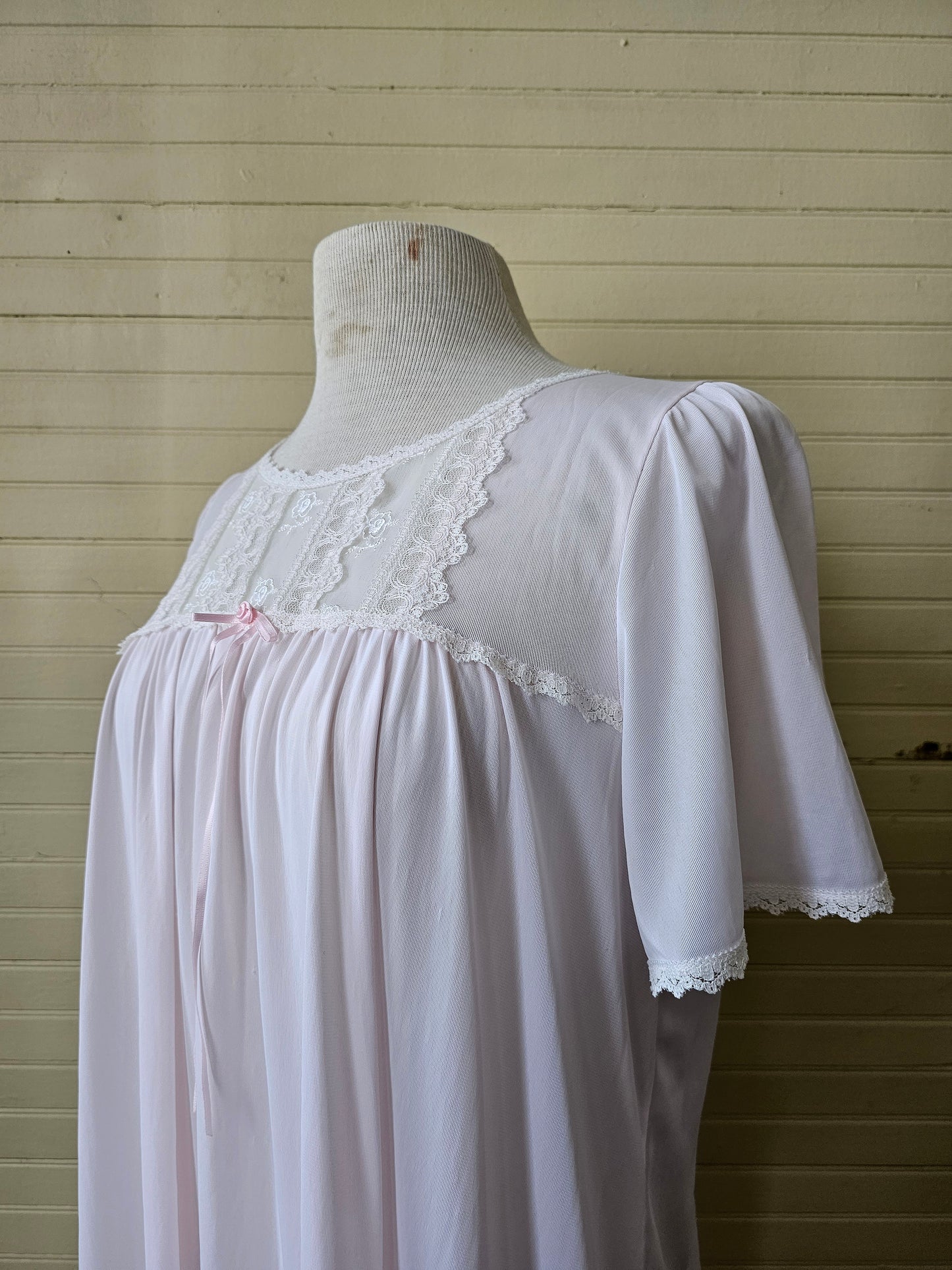 Vintage nightgown, Adonna pink short sleeves below knee medium scoop neck nylon white lace trim bow rosette sheer soft flowy