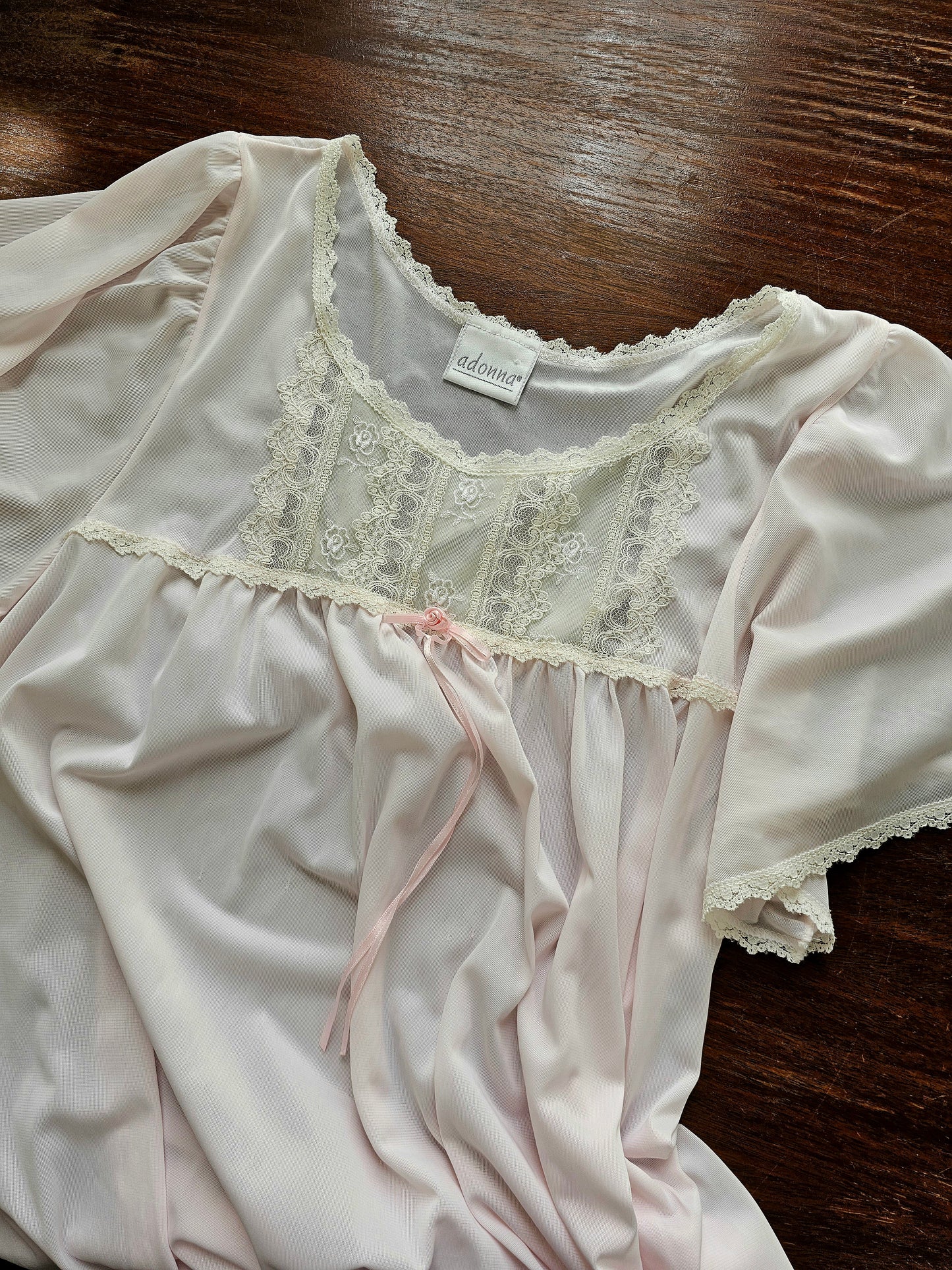 Vintage nightgown, Adonna pink short sleeves below knee medium scoop neck nylon white lace trim bow rosette sheer soft flowy