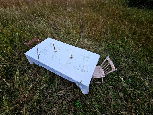 Vintage tablecloth, embroidered rectangle white green brown neutral natural flowers butterflies floral garden scene bow cottagecore country farmhouse