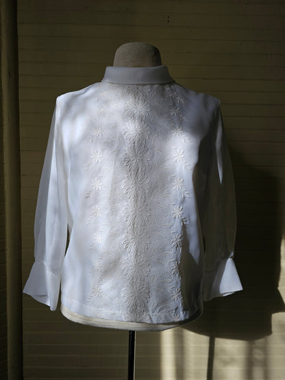 Vintage blouse handmade white button up back long sleeves floral embroidered crew neck rolled collar sheer shirt polyester