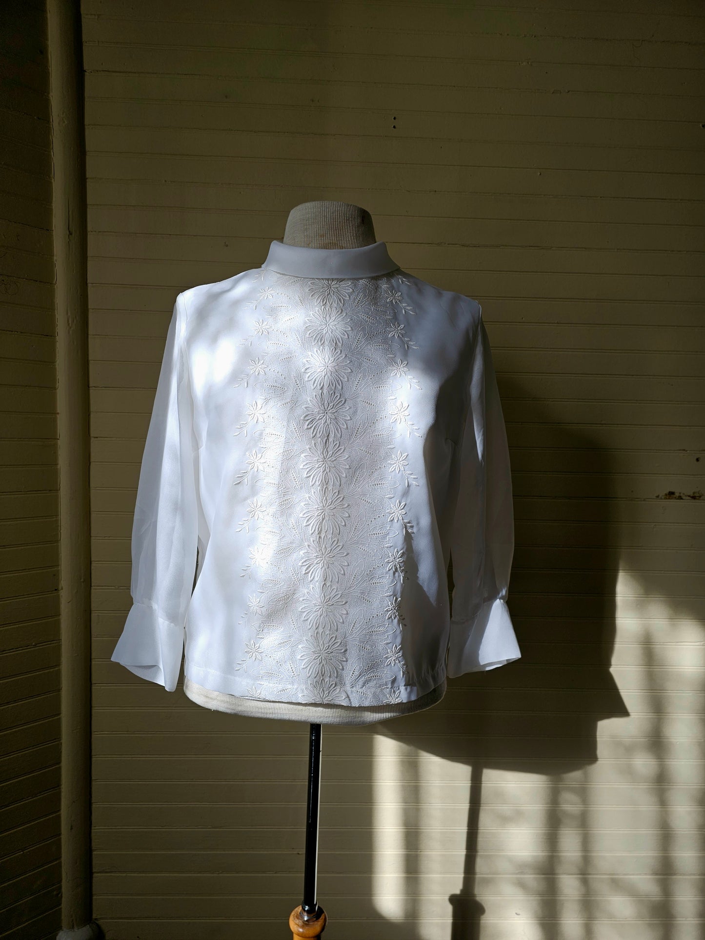 Vintage blouse handmade white button up back long sleeves floral embroidered crew neck rolled collar sheer shirt polyester