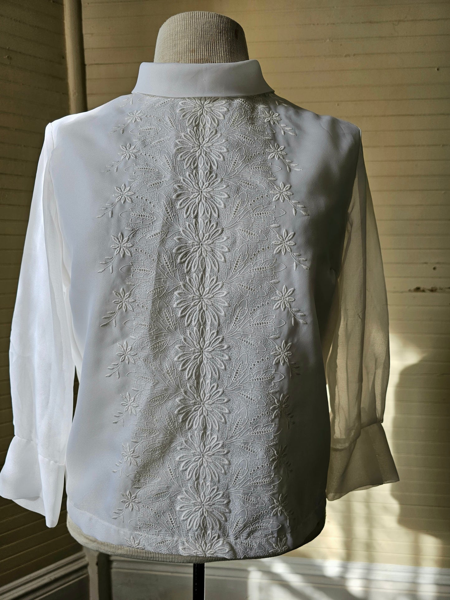 Vintage blouse handmade white button up back long sleeves floral embroidered crew neck rolled collar sheer shirt polyester