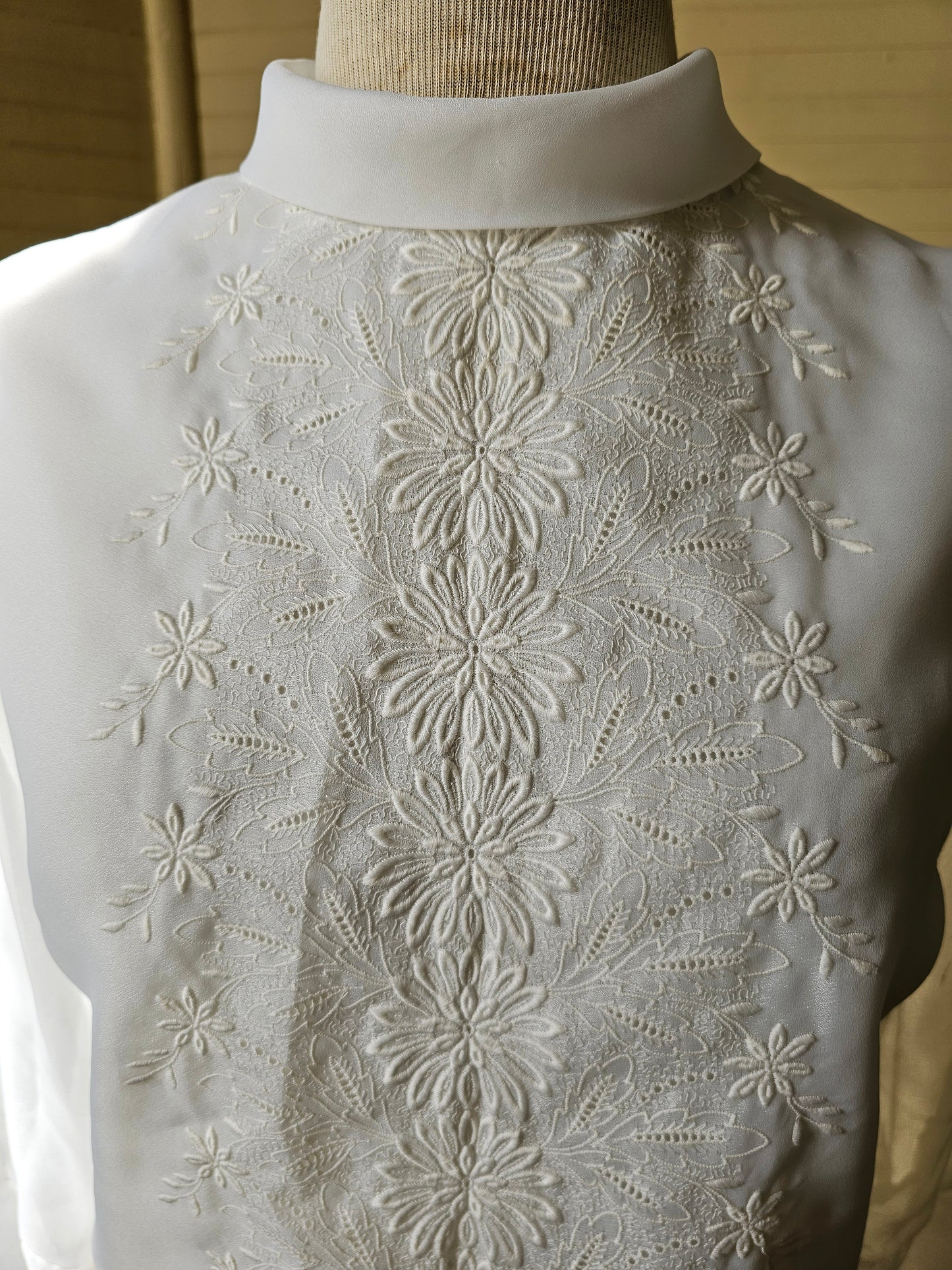 Vintage blouse handmade white button up back long sleeves floral embroidered crew neck rolled collar sheer shirt polyester