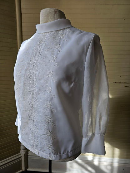 Vintage blouse handmade white button up back long sleeves floral embroidered crew neck rolled collar sheer shirt polyester