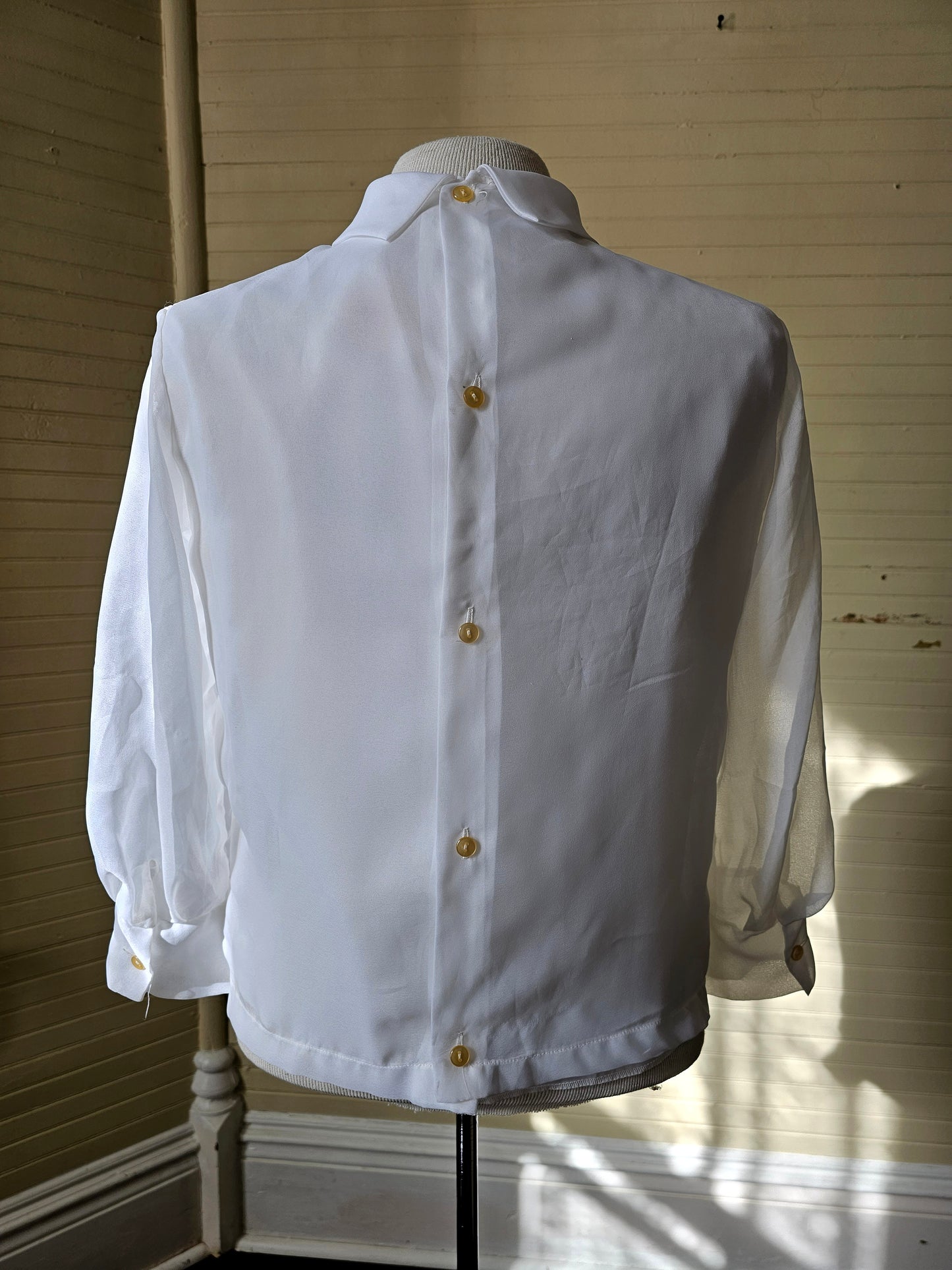 Vintage blouse handmade white button up back long sleeves floral embroidered crew neck rolled collar sheer shirt polyester