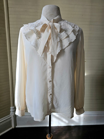 Vintage blouse Tramo size 42 pussy bow collared ruffled flounce long sleeve pure silk embroidered floral cream button up front scallop edge feminine flowy dressy fancy academia librarian granny chic