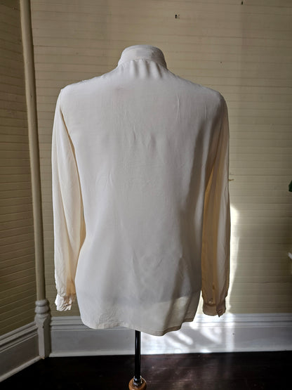 Vintage blouse Tramo size 42 pussy bow collared ruffled flounce long sleeve pure silk embroidered floral cream button up front scallop edge feminine flowy dressy fancy academia librarian granny chic