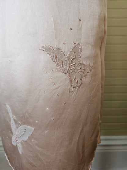 Vintage slip small pink silk half slip skirt lingerie knee length elastic waist thigh leg slit embroidered butterflies scallop edges feminine ladylike romantic