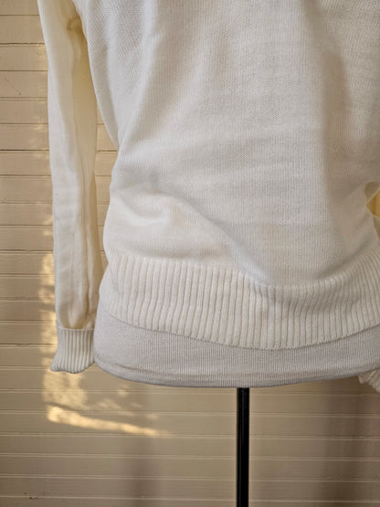 Vintage sweater white long sleeve button up v neck pullover ribbed stretchy simple knit layering shirt gender neutral men women