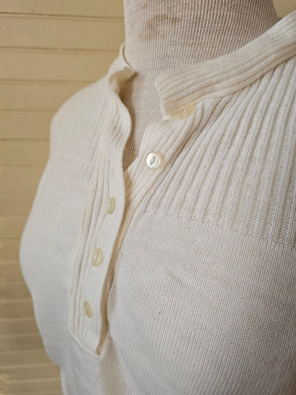 Vintage sweater white long sleeve button up v neck pullover ribbed stretchy simple knit layering shirt gender neutral men women