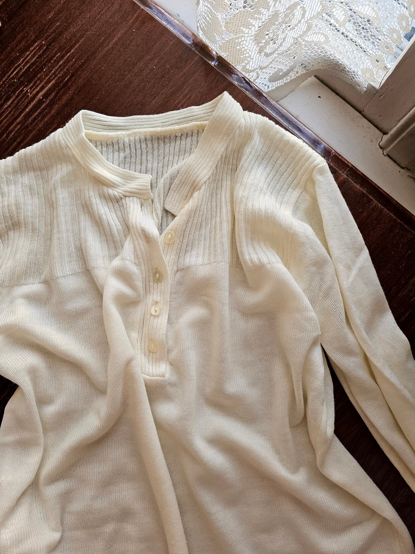 Vintage sweater white long sleeve button up v neck pullover ribbed stretchy simple knit layering shirt gender neutral men women