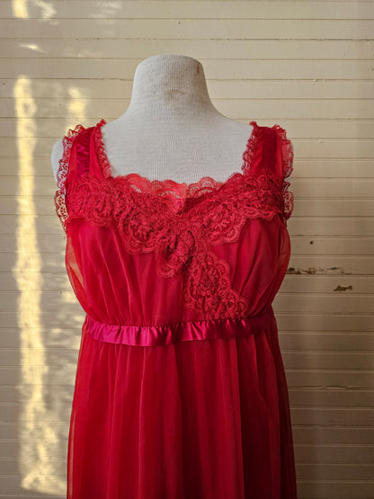 Vintage nightgown peignoir red long maxi ankle length sleeveless square neckline lace trim tiered sheer 70s 80s waist tie romantic feminine boudoir lingerie