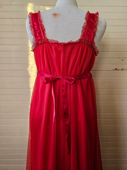 Vintage nightgown peignoir red long maxi ankle length sleeveless square neckline lace trim tiered sheer 70s 80s waist tie romantic feminine boudoir lingerie