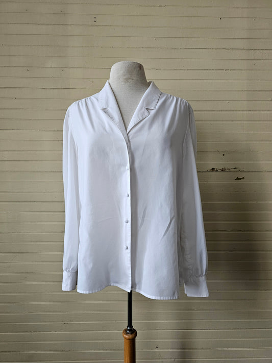 Vintage blouse Ship n Shore white long sleeve shirt button up front white polyester collared basic simple 70s layering covered buttons silky cottagecore