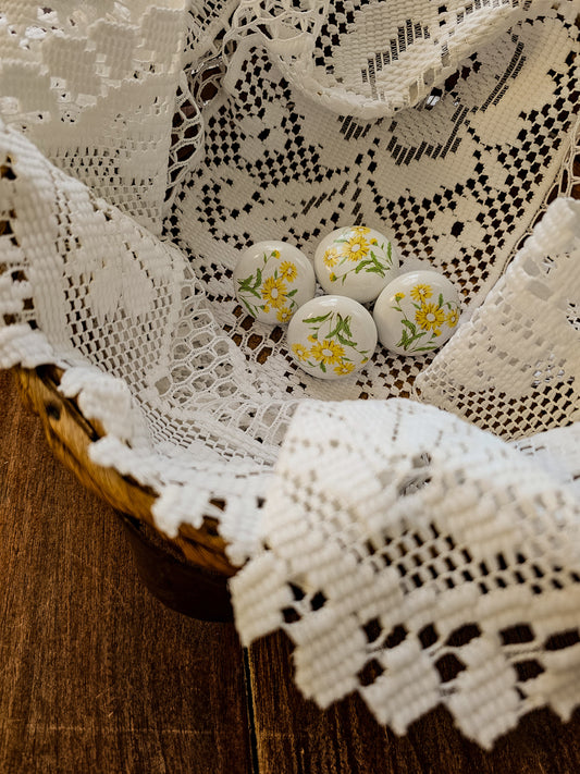 Vintage knobs, set of 4 daisy flower decals porcelain white yellow green mushroom shaped cabinet knob country farmhouse cottagecore boho bohemian granny shabby chic