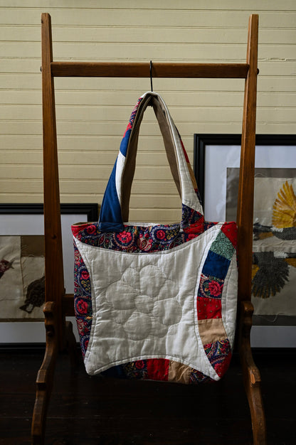 Handmade quilt tote, small market bag upcycled repurposed patchwork fully lined inside pocket red blue tan floral ring