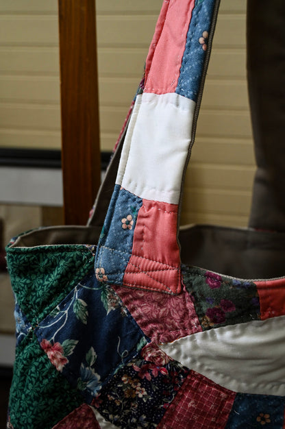 Handmade quilt tote, small market bag upcycled repurposed patchwork fully lined inside pocket pink green blue floral stripes