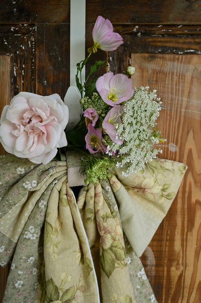 Handmade bow, green floral paisley vintage quilt fabric door decor large wreath upcycled farmhouse shabby granny chic Easter springtime summer