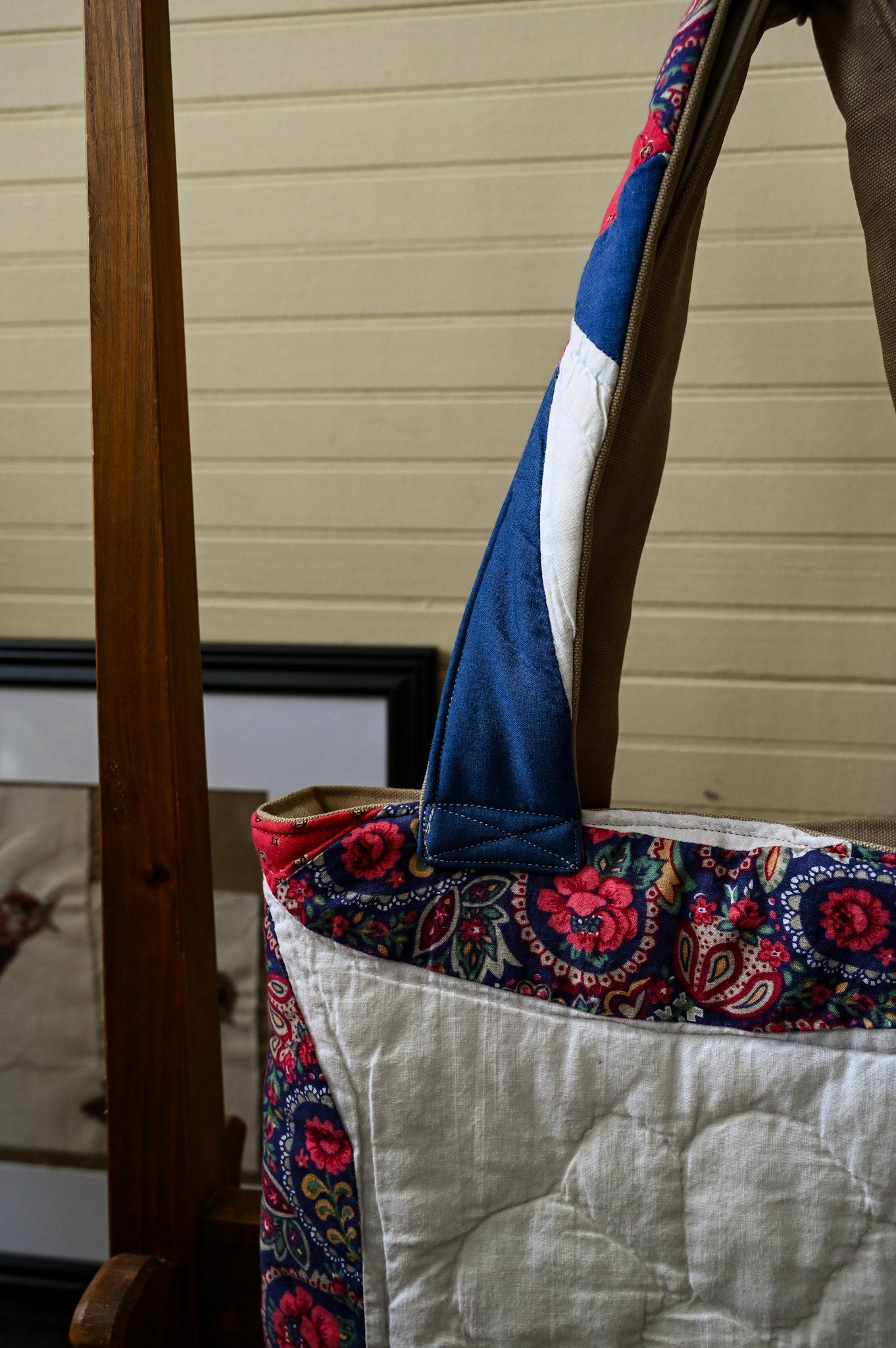 Handmade quilt tote, small market bag upcycled repurposed patchwork fully lined inside pocket red blue tan floral ring