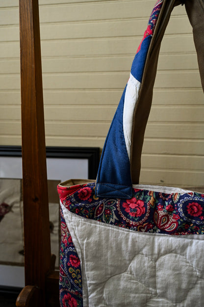 Handmade quilt tote, small market bag upcycled repurposed patchwork fully lined inside pocket red blue tan floral ring