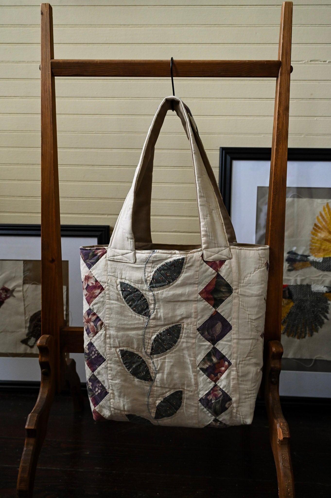 Handmade quilt tote, small market bag upcycled repurposed patchwork fully lined inside pocket pink purple green floral vines