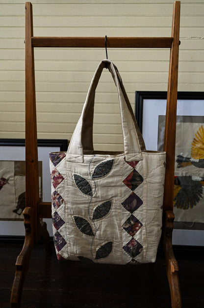 Handmade quilt tote, small market bag upcycled repurposed patchwork fully lined inside pocket pink purple green floral vines