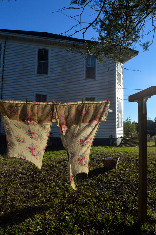 Vintage shower curtain Springs moody floral rose beige red green split tiered swag ruffled romantic feminine cottagecore dark academia Victorian style country farmhouse shabby chic granny chic