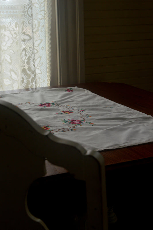 Vintage tablecloth handmade embroidered cross stitch floral white pink green brown multi colored square table topper small romantic feminine cottagecore Victorian style country farmhouse granny chic shabby chic