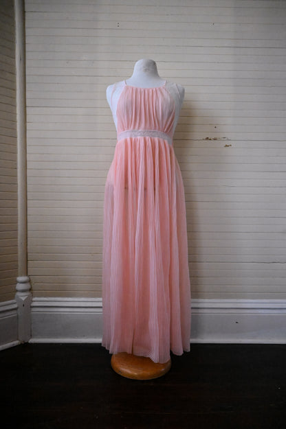 Vintage peignoir gown Rogers run proof 32 peachy pink nightgown sleeveless long maxi ankle length sheer pleated scoop neck floral lace waist ties romantic 60s